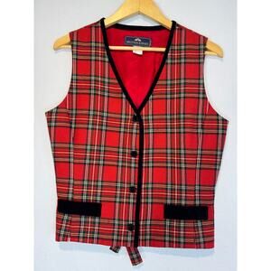 Vtg British Khaki‎ Equestirian Wool Vest Red Tartan Plaid Sz 12 Made in USA